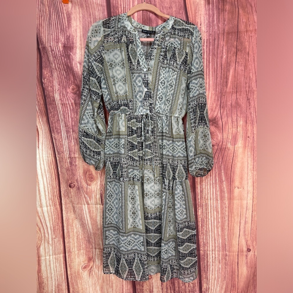 Sara Michelle multicolored Aztec boho semi sheer lined midi dress women’s size M